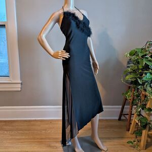 Vintage 90s Y2K Kitty Black Midi Dress Feather Trim Asymmetrical Dark Fairycore